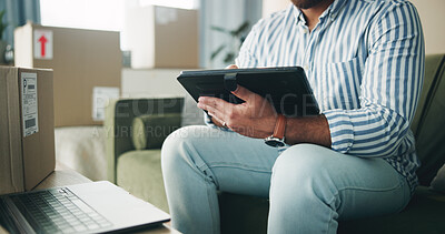 Buy stock photo Home, hands and typing on tablet for logistics, distribution and remote work for customer service. Sofa, person and business owner with technology for ecommerce, inventory management and supply chain