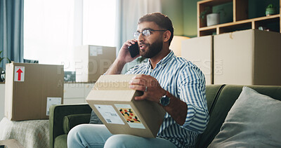 Buy stock photo Phone call, cardboard box and man with package in home for mistake with online order with ecommerce. Cellphone, moving and male person on mobile conversation for return of wrong parcel in apartment.