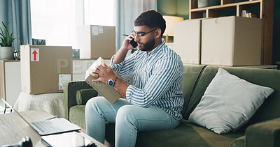 Buy stock photo Box, phone call and man with laptop on sofa for delivery for distribution, ecommerce and shipping. Startup, home and person with parcel on smartphone for contact, communication and business order