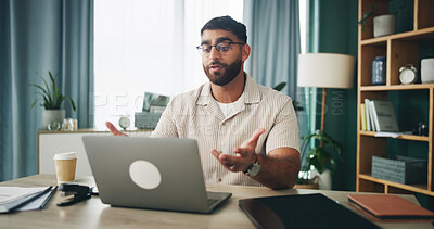 Buy stock photo Man, video call and remote work from home, laptop and question with online meeting in morning. Person, talk and virtual consulting for copywriting, contact or feedback for project management in house