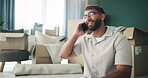 Home, phone call and man in lounge, boxes or conversation with dropshipping, talking or smile. Real estate, moving or happy person with cardboard, lease or schedule for courier or property investment