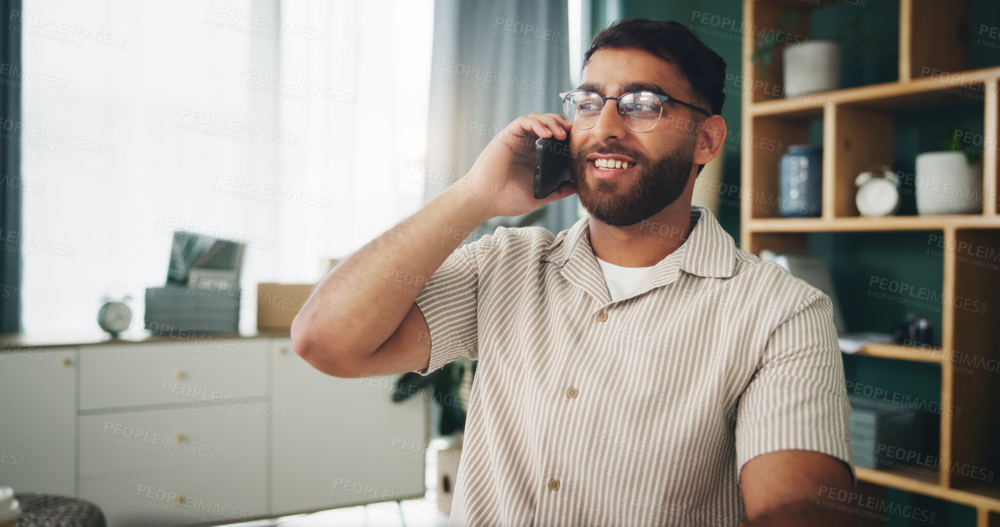 Buy stock photo Home, man and happy with thinking for phone call, communication and planning with contact. House, male person and smile with positive thoughts for mobile, conversation and relax with connection