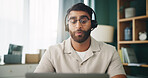 Home, man and laptop for remote work in customer service, IT or tech support. Agent, headset or help for communication, advice or freelancer troubleshooting for software solution on call with contact