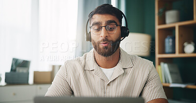 Buy stock photo Home, man and laptop for remote work in customer service, IT or tech support. Agent, headset or help for communication, advice or freelancer troubleshooting for software solution on call with contact