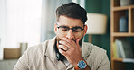 Man, yawn and tired with headset in home for remote work, consulting or technical support in morning. Person, agent and exhausted with burnout, fatigue and overworked with voip for job at apartment