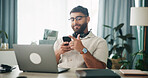 Home, man and laptop with smartphone for reading, chat and online contact for freelancer. House, remote work and consultant with technology for research, social media and sales website in office