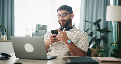 Buy stock photo Home, man and laptop with smartphone for reading, chat and freelancer for call center. Office, headset and consultant with technology for sales research, social media or remote work for telemarketing