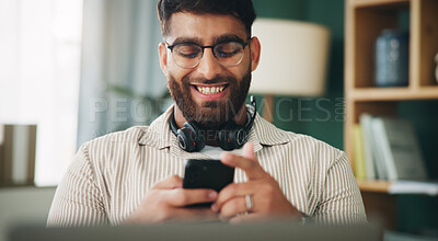 Buy stock photo Home, man and laptop with smartphone for chat, reading and freelancer for call center. Office, headset and consultant with technology on break, social media and remote work for telemarketing in house