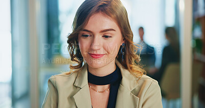 Buy stock photo Thinking, smile and business woman with vision, inspiration and brainstorming in office. Reflection, idea and corporate worker with solution, insight and problem solving with optimistic mindset