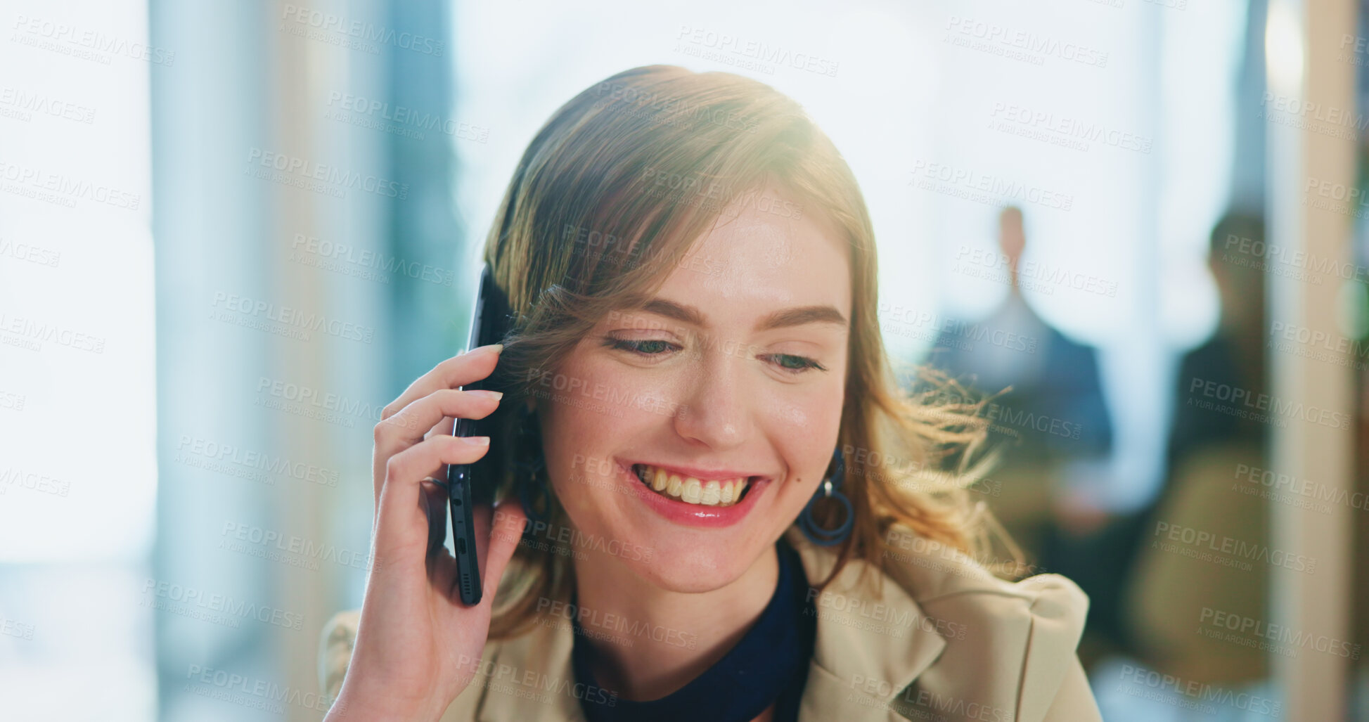 Buy stock photo Phone call, happy and businesswoman in office with contact for positive client feedback. Communication, cellphone and female magazine editor on mobile discussion for review on publishing article.