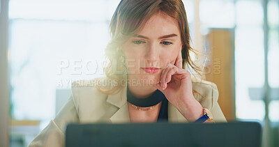 Buy stock photo Thinking, corporate and woman on laptop in office for planning, research and budget review at company. Female person, thoughts and online for financial report, feedback ideas and negotiation proposal
