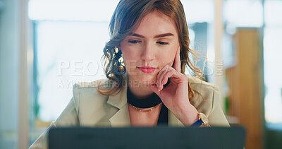 Buy stock photo Thinking, business and woman on laptop in office for planning, research and budget review at company. Female person, thoughts and online of financial decision, feedback ideas and negotiation proposal
