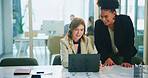 Business, woman and mentor on laptop in office for training, planning and help with financial report. People, manager and online with finance information, profit growth and collaboration for proposal
