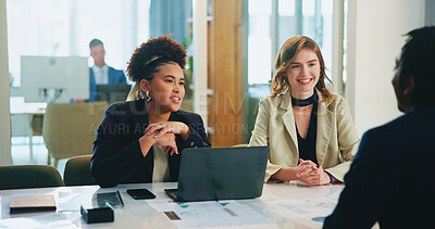 Buy stock photo Manager, meeting or discussion in job interview with business people for opportunity and hiring. Smile, employment or employer talking to applicant in hr for company internship or recruitment process