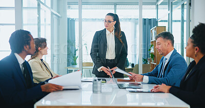Buy stock photo Investor, documents or businesswoman in presentation for teamwork, collaboration or investment. Manager, people or financial advisors talking for project meeting, budget growth and risk management 