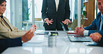 Hands, speaker or business people with proposal in presentation for funding, review or investment. Feedback, group or manager with growth ideas for project meeting, company budget or risk management