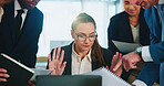 Multitasking, documents and businesswoman in office with stress, burnout or overwhelmed for deadline. Paperwork, chaos and investment banker with time management for financial report with fatigue.