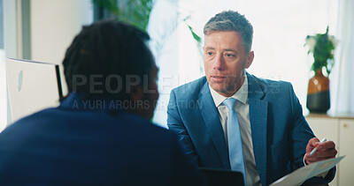 Buy stock photo HR, candidate and resume with questions in interview for internal vacancy, company promotion and conversation. Meeting, manager or man with CV document for recruitment process or contract negotiation