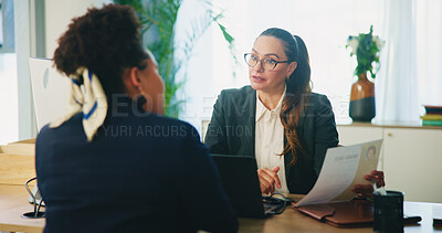 Buy stock photo HR, candidate and resume with discussion in interview for internal vacancy, company promotion and questions. Meeting, manager and woman with CV document for performance review or contract negotiation