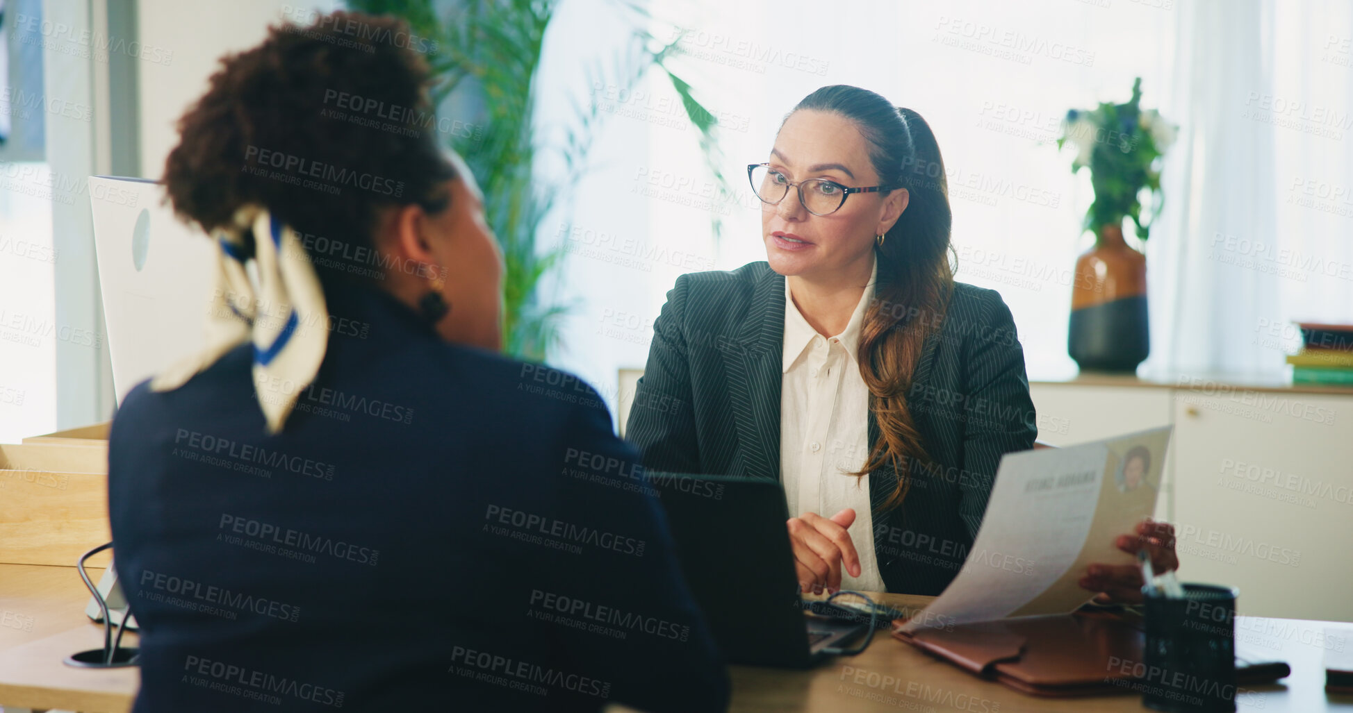 Buy stock photo HR, candidate and resume with discussion in interview for internal vacancy, company promotion and questions. Meeting, manager and woman with CV document for performance review or contract negotiation