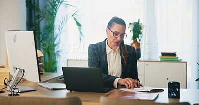 Buy stock photo Business, woman and laptop with notebook at desk for schedule management, case preparation and planning. Attorney, employee and writing notes for lawsuit appointment and legal information at law firm
