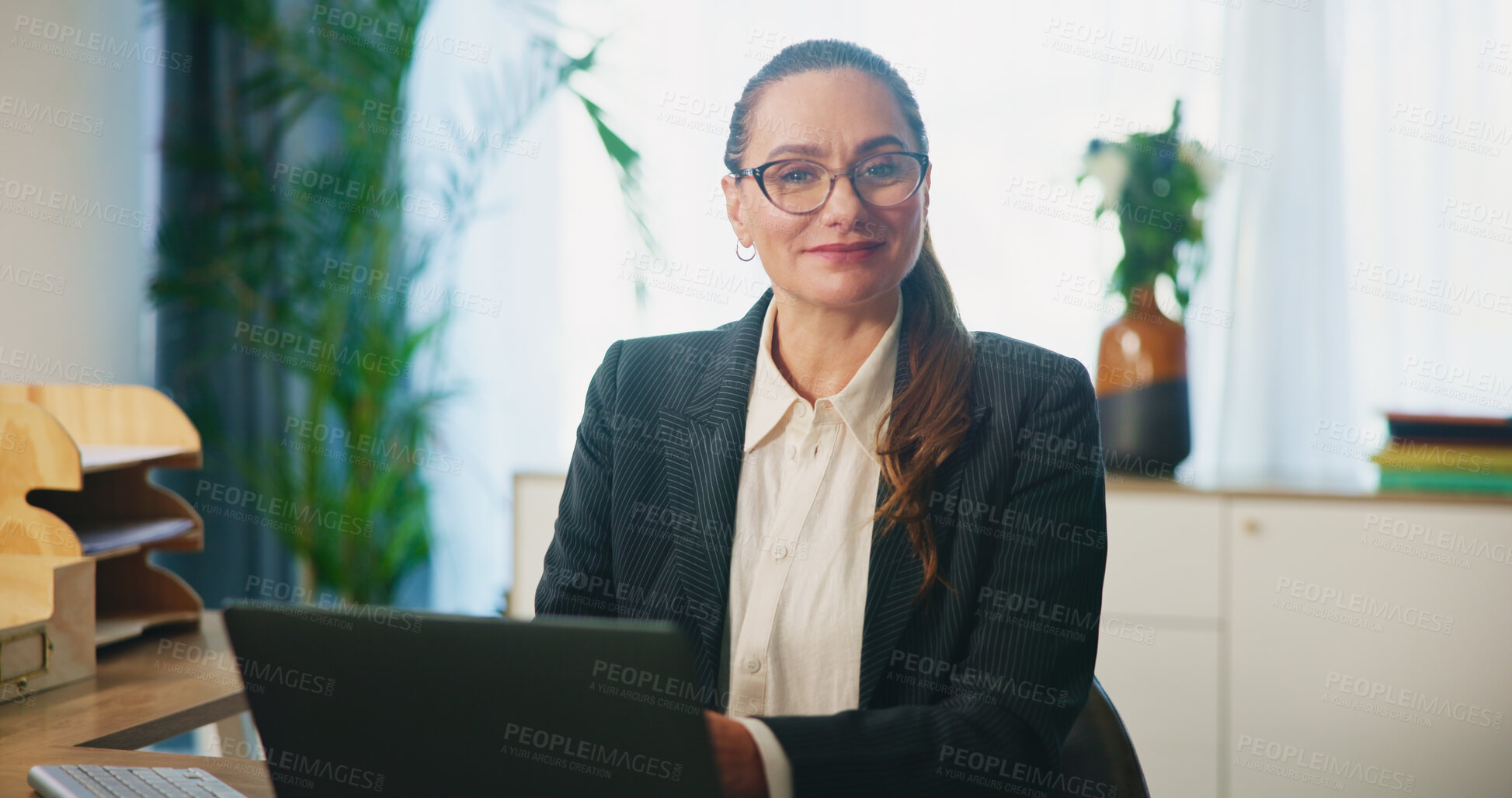 Buy stock photo Business, woman or laptop with portrait in office for legal research, case preparation or drafting online will. Attorney, person or happy at law firm for court review, planning lawsuit or legislation