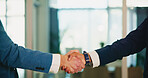 Handshake, welcome and business people with teamwork, success and networking in office. B2b, shaking hands and professional employee with thank you, greeting and recruitment for onboarding at company