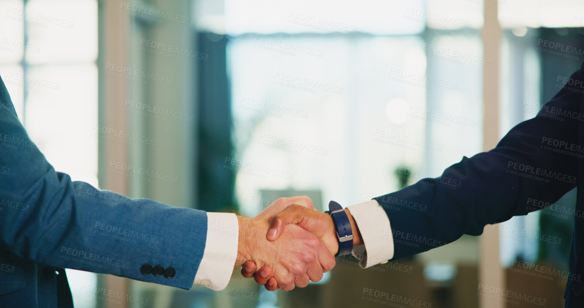 Buy stock photo Handshake, welcome and business people with teamwork, success and networking in office. B2b, shaking hands and professional employee with thank you, greeting and recruitment for onboarding at company