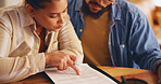 Budget, documents and finance with couple in home for investment opportunity or savings account. Application, information or paperwork with man and woman closeup in apartment for financial review