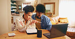 Home, couple and laptop with discussion for finance, track expenses and document for budget goal. House, woman and man with talking for payment review, digital savings or mortgage bills with pointing