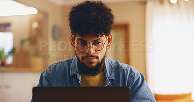 Buy stock photo Home, man and glasses with laptop for remote work, copywriting and solution for news story. House, freelancer and editor with digital for problem solving, proofreading and website for blog article