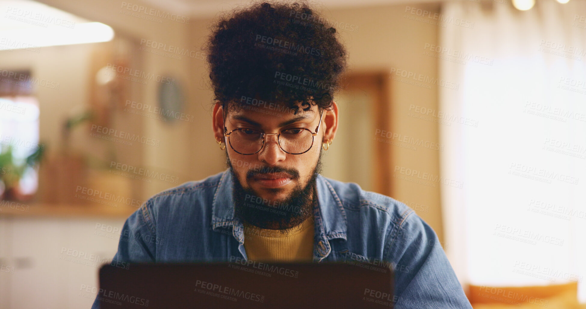 Buy stock photo Home, man and glasses with laptop for remote work, copywriting and solution for news story. House, freelancer and editor with digital for problem solving, proofreading and website for blog article