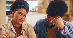 Home, argument and couple with conflict, stress and toxic relationship with cheating affair in lounge. Apartment, man and woman with fighting, upset and angry with divorce, frustrated or disagreement