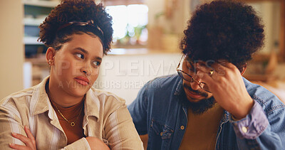 Buy stock photo Home, argument and couple with conflict, stress and toxic relationship with cheating affair in lounge. Apartment, man and woman with fighting, upset and angry with divorce, frustrated or disagreement