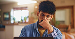 Home, man and thinking with laptop for remote work, copywriting and solution for news story. House, freelancer and editor with digital for problem solving, proofreading and website for blog article