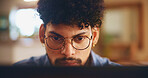 Home, man and glasses with laptop for freelancer, copywriting and solution for news story. House, remote work and editor with digital for problem solving, proofreading and website for blog article