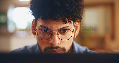Buy stock photo Home, man and glasses with laptop for freelancer, copywriting and solution for news story. House, remote work and editor with digital for problem solving, proofreading and website for blog article