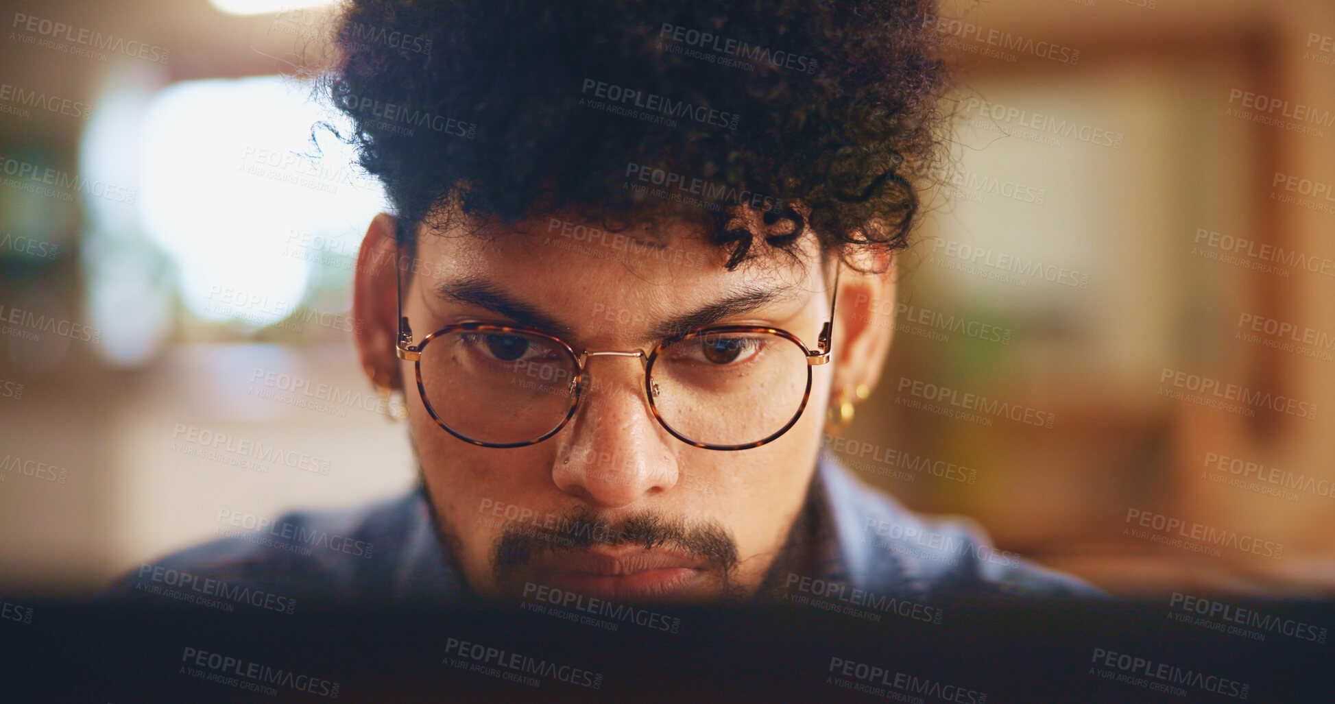 Buy stock photo Home, man and glasses with laptop for freelancer, copywriting and solution for news story. House, remote work and editor with digital for problem solving, proofreading and website for blog article