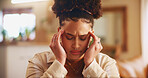 Headache, pain and face of woman in home for worry, stress and anxiety for student loans. Living room, house and person with migraine, pain and fatigue for university debt, college funds and grades
