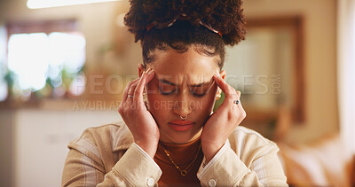 Buy stock photo Headache, pain and face of woman in home for worry, stress and anxiety for student loans. Living room, house and person with migraine, burnout and fatigue for university debt, college funds or grades