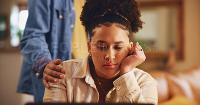 Buy stock photo Couple, sad and support for woman, laptop and unhappy for rejection on email, empathy or depressed. Comfort, emotional and sympathy for bad news on website, people or disappointed by job loss in home