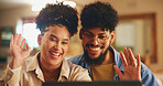 Greeting, video call and couple with smile, laptop and happy for communication in house, wave and online. Home, laughing and people with tech for conversation, hello and chat with contact on weekend