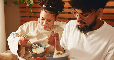 Buy stock photo Home, bedroom and couple with food for breakfast, nutrition and bonding with eating in morning. House, woman and man with love for granola and yogurt and wellness with conversation in apartment
