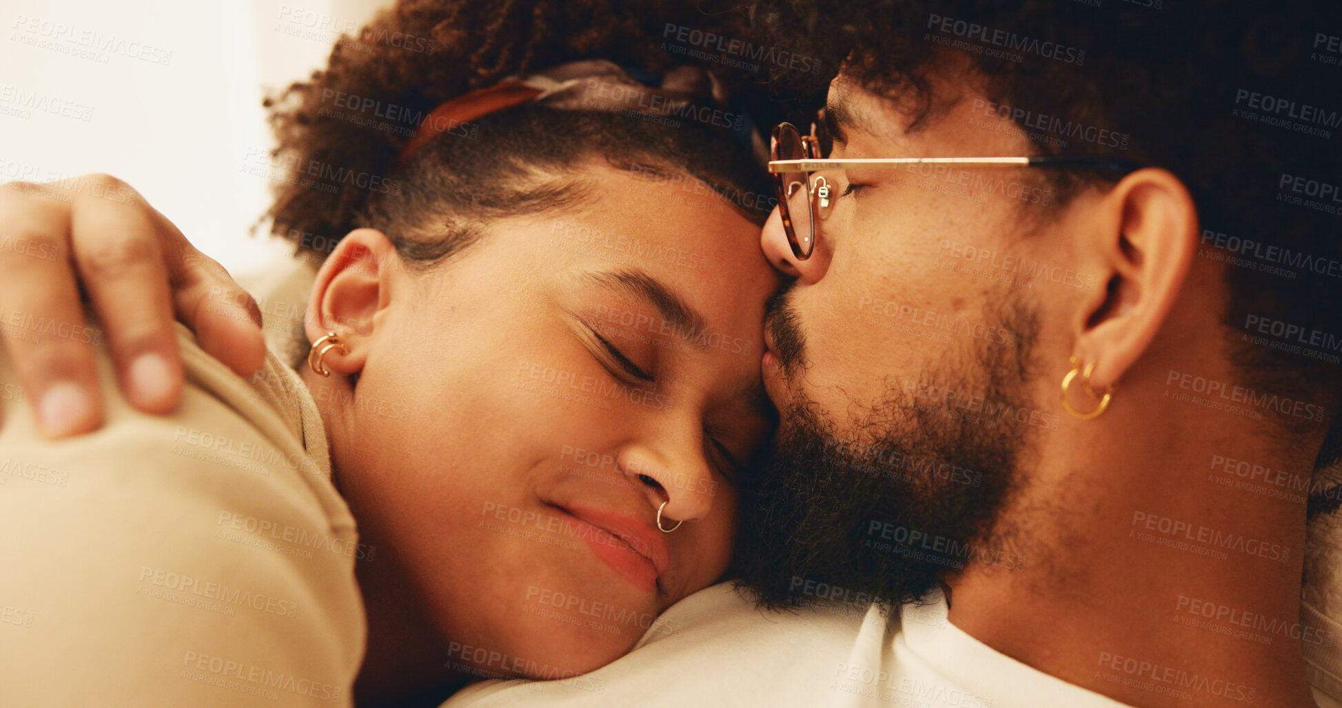 Buy stock photo Relax, couple and forehead kiss in home, love and bonding for relationship, commitment and apartment. Resting, man and affection for woman, happy people and smile for romance in morning or care