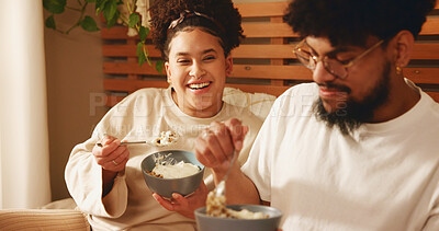 Buy stock photo Bedroom, laughing and couple with food for breakfast, nutrition and bonding with eating in morning. Home, woman and man with love for healthy meal, granola and yogurt with happiness in apartment