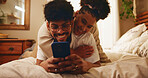 Bed, love and happy couple hug with smartphone for social media, reading comments and gossip blog. House, relationship or people with smile or mobile for application, online post or streaming website