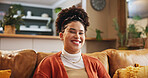 Portrait, home and woman on sofa, smile and confident personality with weekend break in living room. Face, apartment and happy person on couch, relaxing and enjoyment with pride, calm and mindset