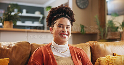 Buy stock photo Portrait, home and woman on sofa, smile and confident personality with weekend break in living room. Face, apartment and happy person on couch, relaxing and enjoyment with pride, calm and mindset