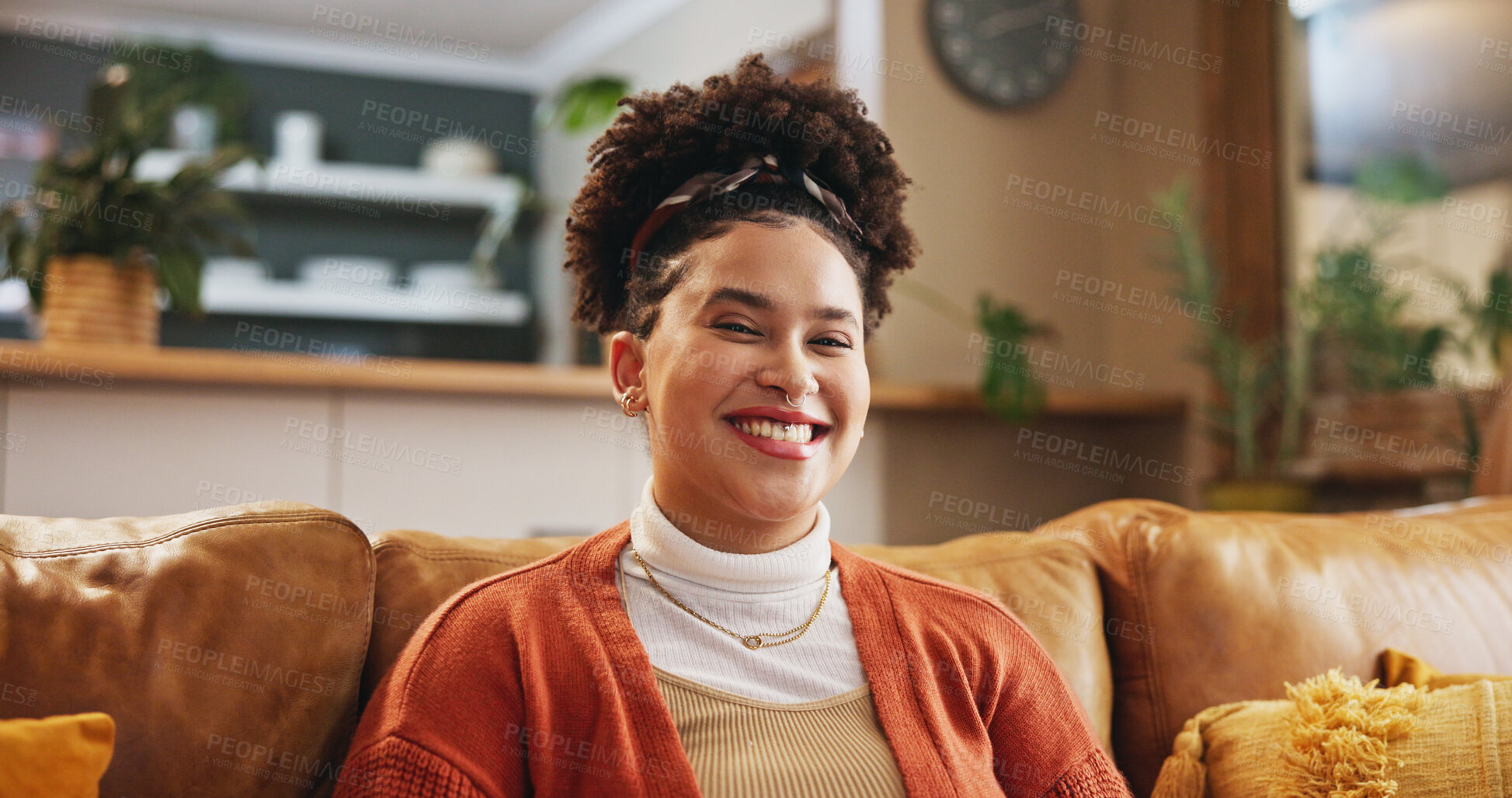Buy stock photo Portrait, home and woman on sofa, smile and confident personality with weekend break in living room. Face, apartment and happy person on couch, relaxing and enjoyment with pride, calm and mindset
