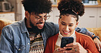 Mobile, happy couple and embrace in home to relax with social media post, video and financial news. Phone, man and woman in living room with app for online banking, check account and credit score